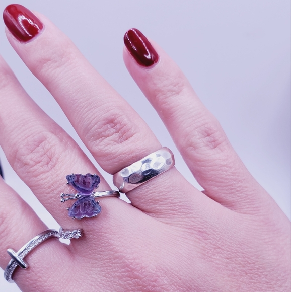 Genuine Fluorite & Diamond Simulants 925 Sterling Silver Butterfly Bypass Ring - Picture 3 of 4